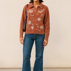 Alfred Dunner Women’s XL Coral Pink Full Zip Sweater Embroidered Flowers